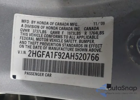 2010 Honda Civic Ex-L from USA, damaged, VIN 2HGFA1F92AH520766